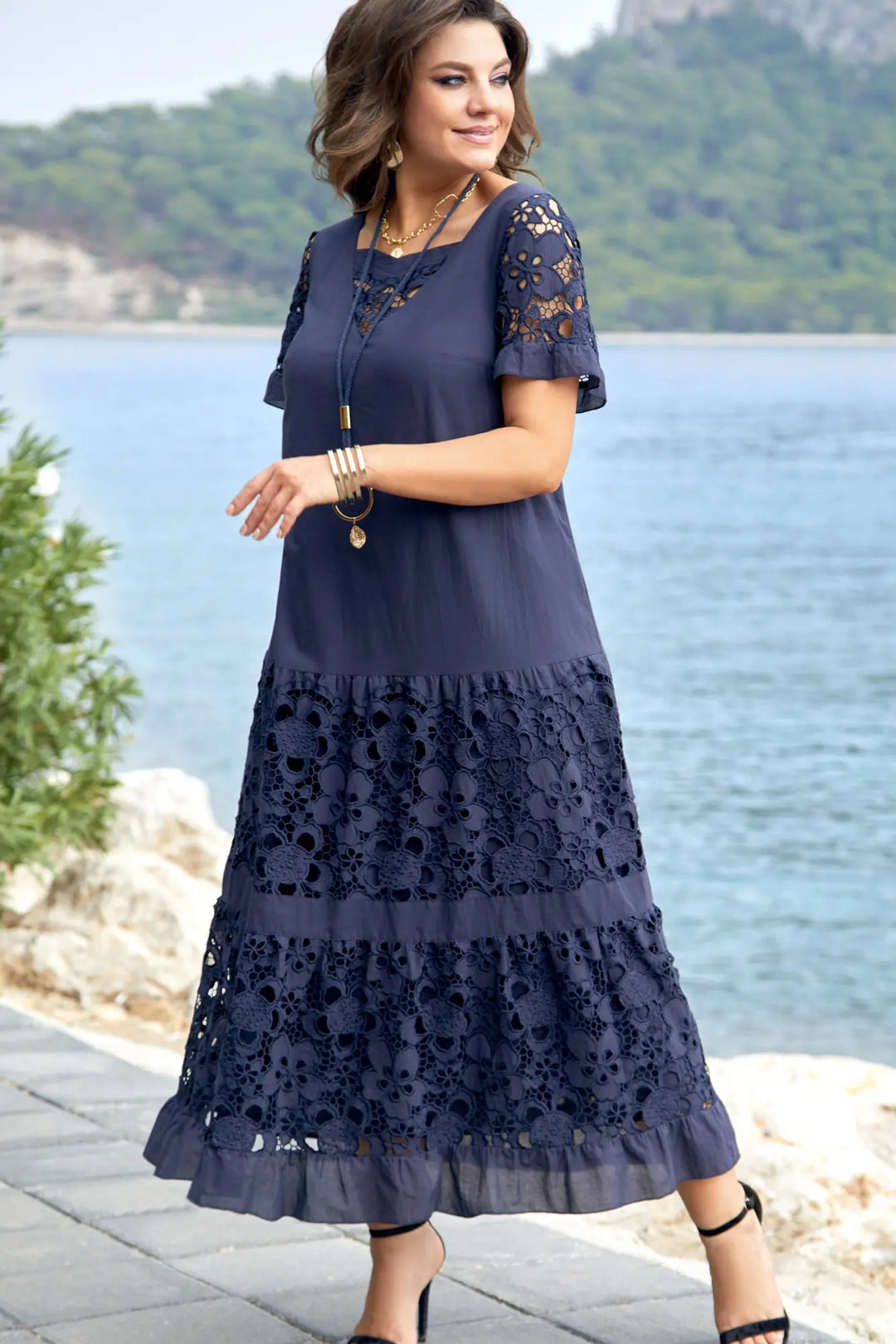 Nunzia | Abito Maxi in Pizzo Blu Navy