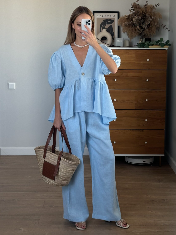 Adriana | Set Due Pezzi con Maniche a Righe in Lino