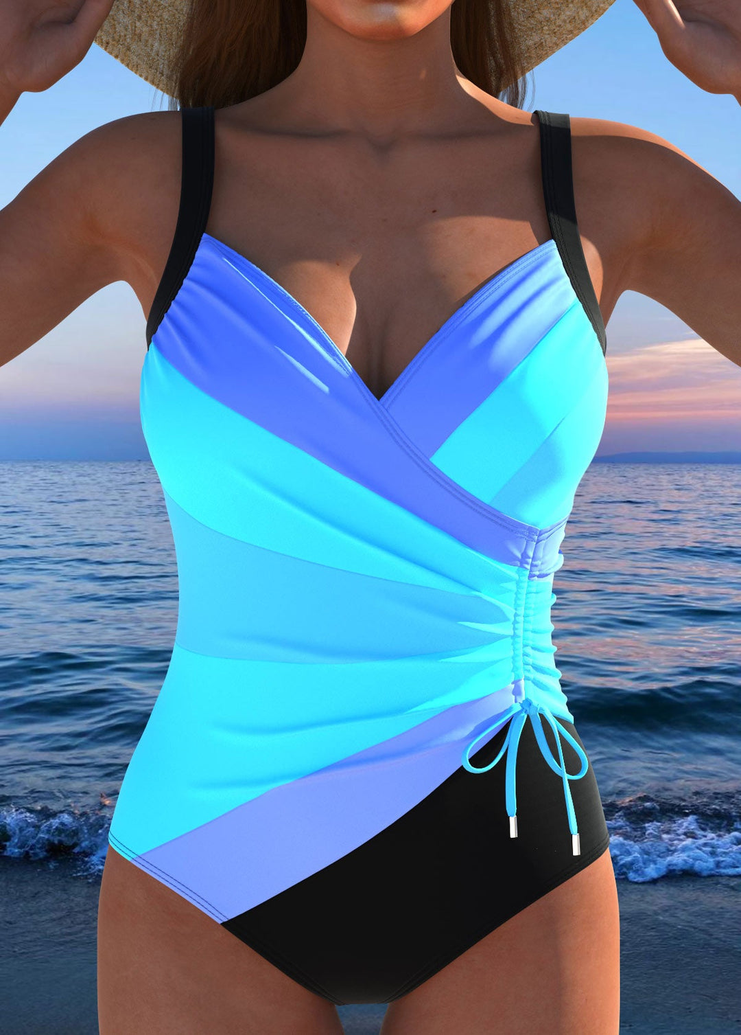 Agnese | Elegante Costume da Bagno Nero Surplice con Stampa Vivace
