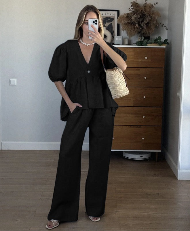 Adriana | Set Due Pezzi con Maniche a Righe in Lino
