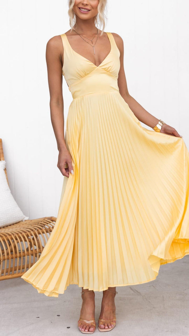 Abella | Maxi abito Plissettato Giallo con Scollatura a V