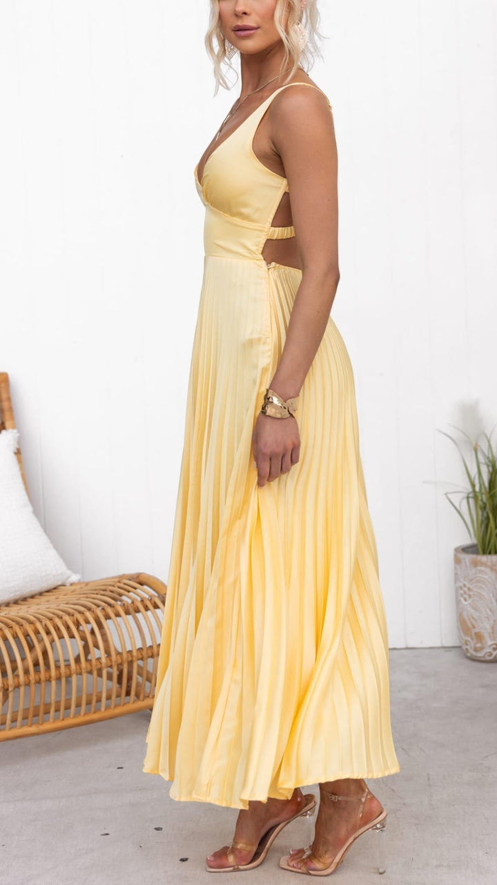 Abella | Maxi abito Plissettato Giallo con Scollatura a V