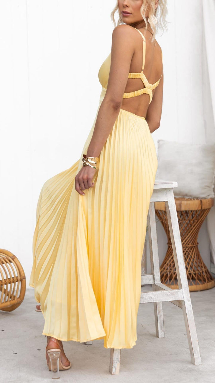 Abella | Maxi abito Plissettato Giallo con Scollatura a V