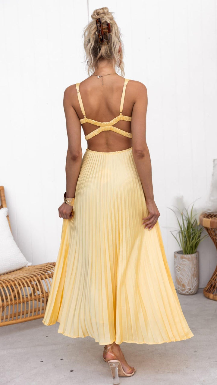 Abella | Maxi abito Plissettato Giallo con Scollatura a V