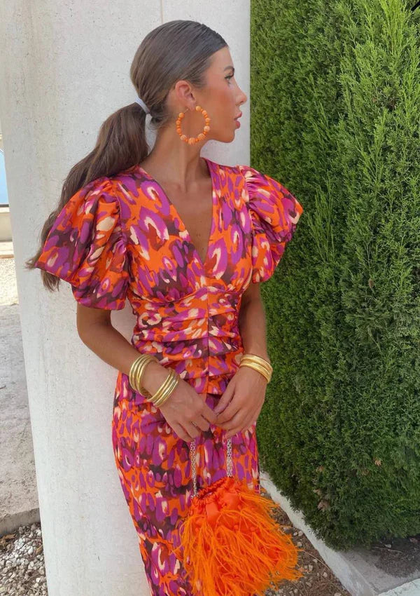 Francesca | Abito Midi Donna Colorato con Maniche Plissettate