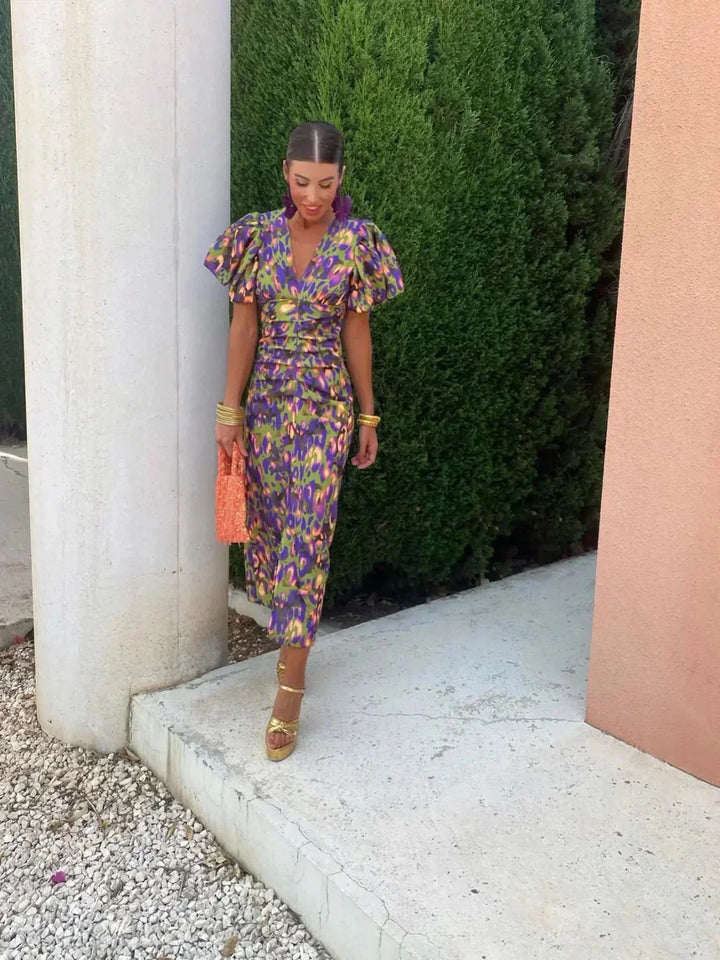 Francesca | Abito Midi Donna Colorato con Maniche Plissettate