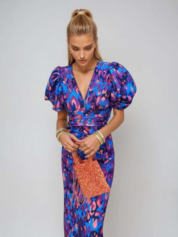Francesca | Abito Midi Donna Colorato con Maniche Plissettate